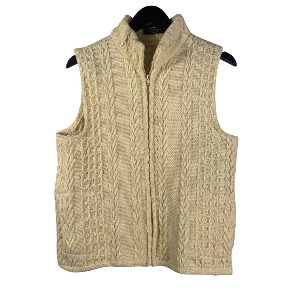John Branigan Weavers Cable Knit Wool Vest Cream Ivory Aran Style ‎ Ireland M